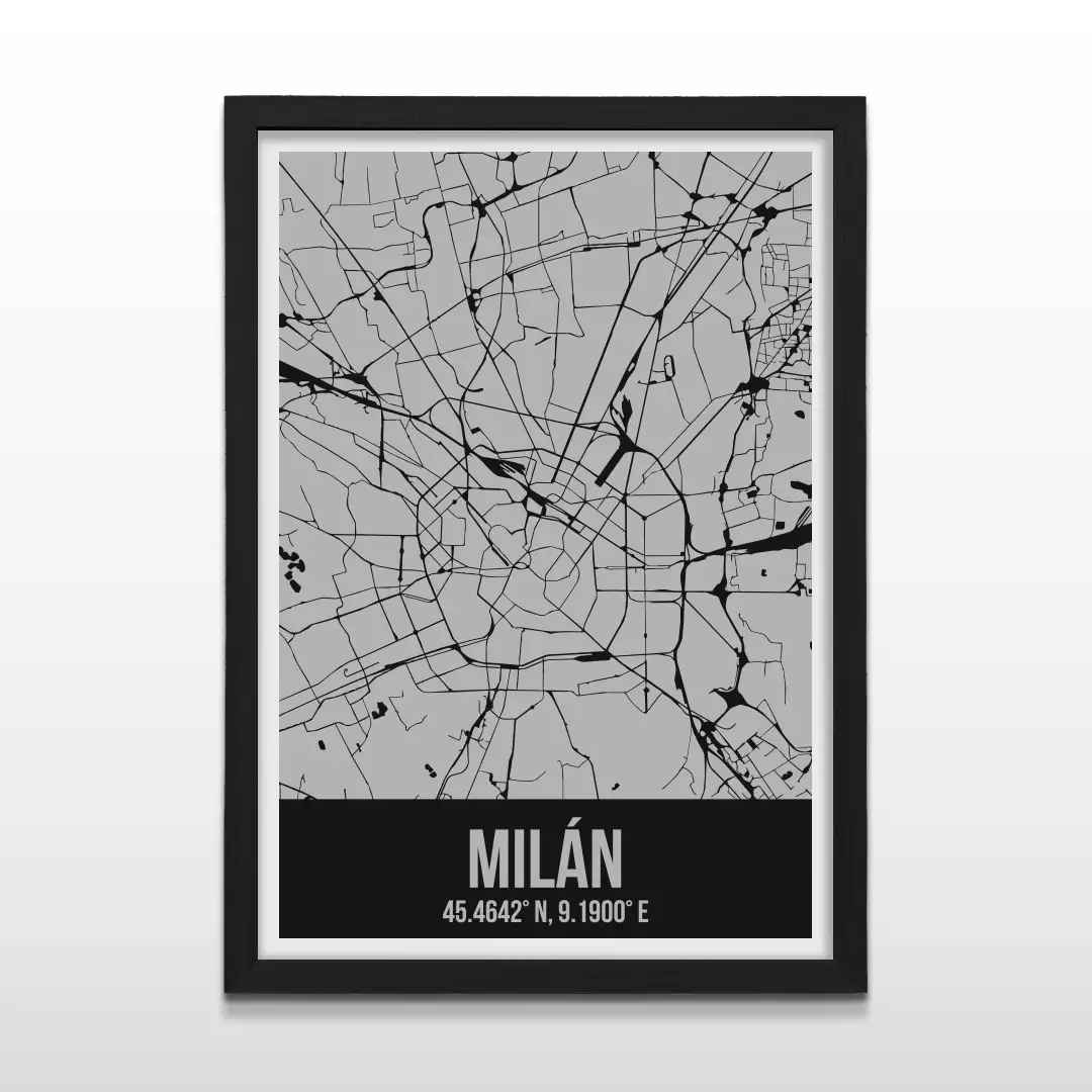 Cuadro moderno del plano urbano de Milán en color gris y negro con marco negro de madera, póster cartográfico de diseño minimalista para decoración de oficinas o salas de estar