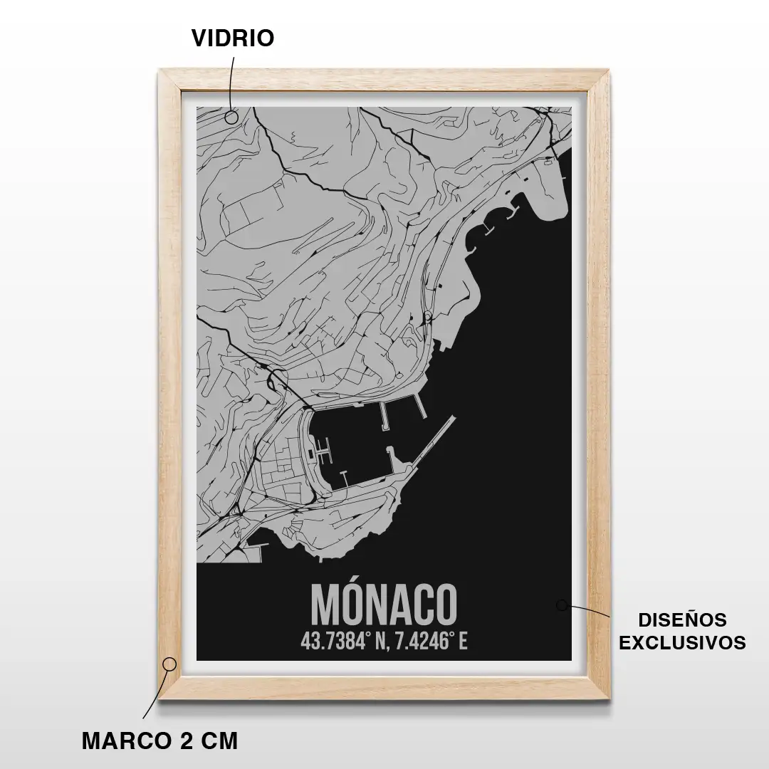Cuadro decorativo del mapa urbano de Mónaco con coordenadas en letras blancas sobre fondo negro, incluye marco de madera de 2 cm, vidrio protector y lámina premium