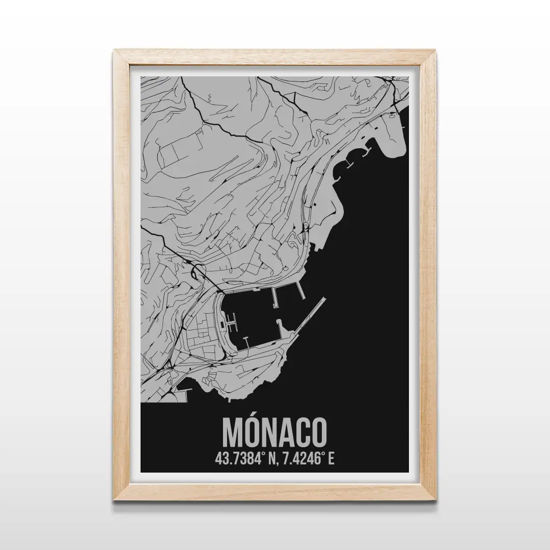 Cuadro minimalista del plano de calles de Mónaco en líneas negras sobre fondo gris con marco de madera natural, arte cartográfico moderno para decorar livings y dormitorios