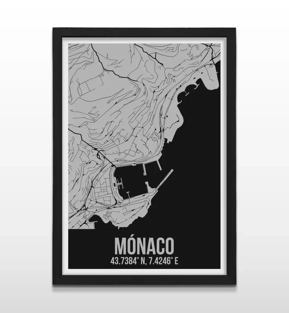 Cuadro moderno del mapa de Mónaco en color gris y negro con marco negro de madera, diseño de plano urbano minimalista para decoración de oficinas y salas de estar