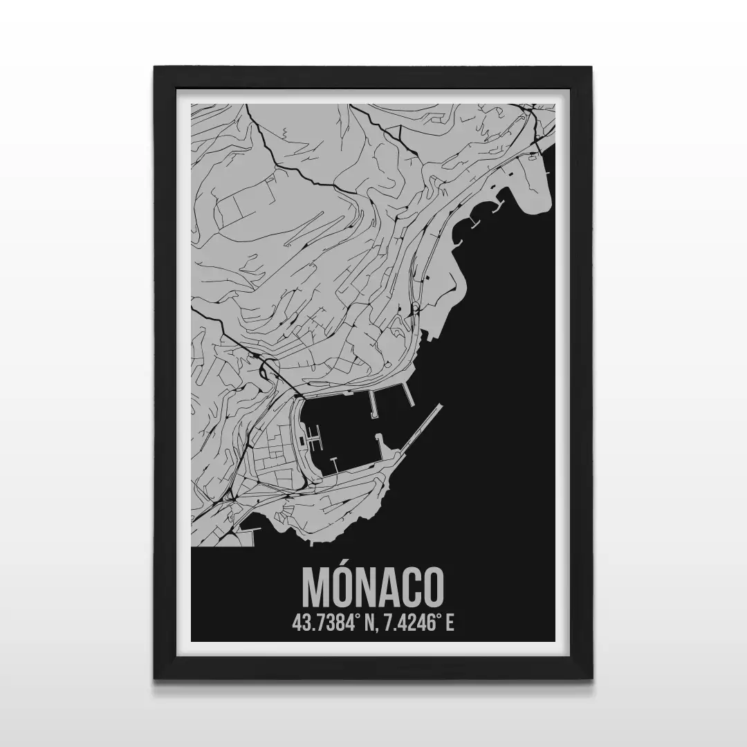 Cuadro moderno del mapa de Mónaco en color gris y negro con marco negro de madera, diseño de plano urbano minimalista para decoración de oficinas y salas de estar