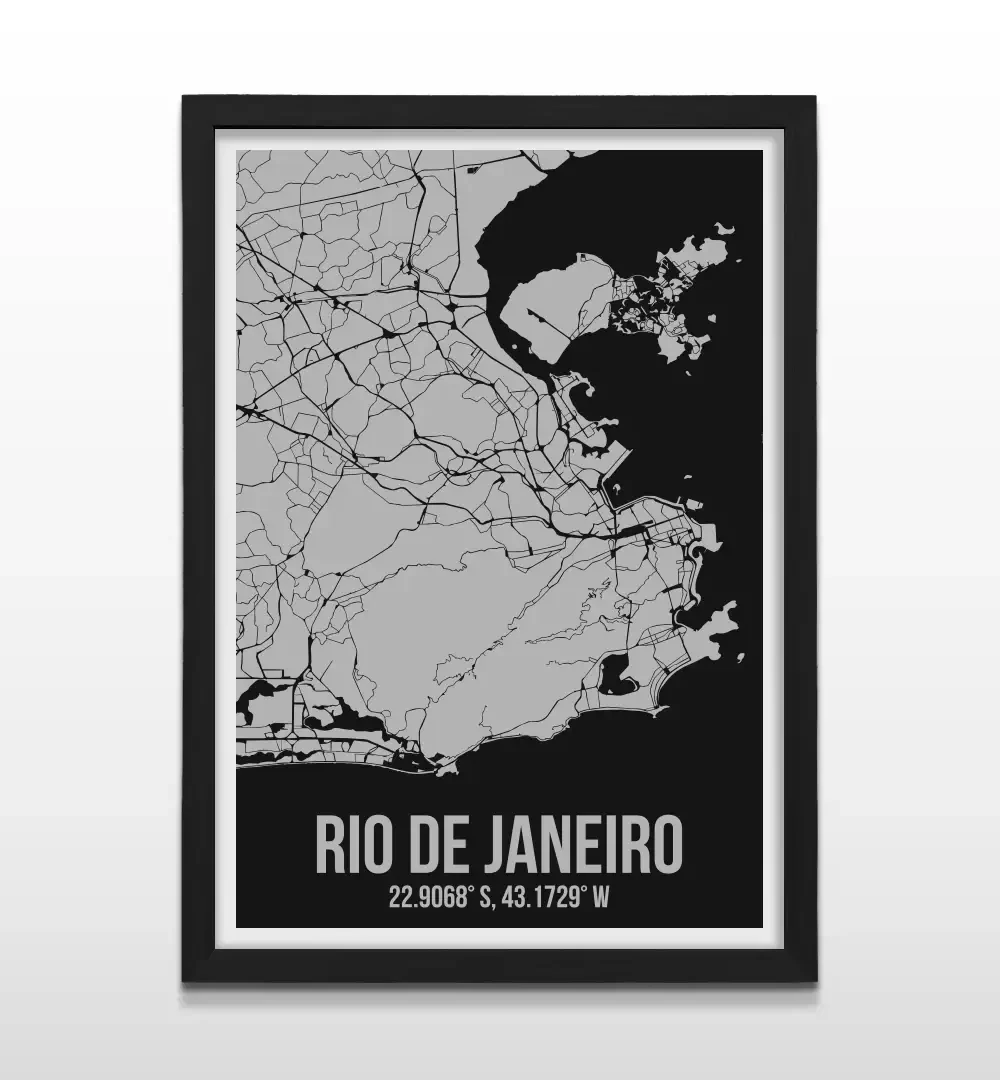 Cuadro moderno del plano urbano de Río de Janeiro en color gris y negro con marco negro de madera, póster cartográfico de diseño minimalista para decoración de oficinas o salas de estar