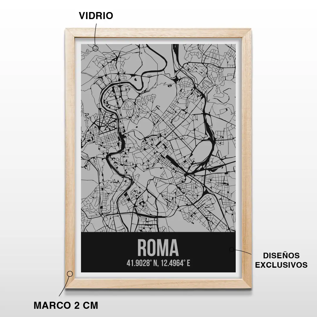 Cuadro decorativo con el plano de calles de Roma y sus coordenadas geográficas en letras blancas, incluye marco de madera de 2 cm, vidrio protector y lámina premium para el hogar