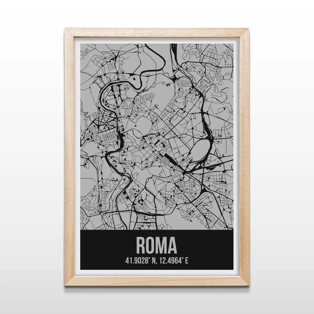 Cuadro minimalista del mapa de calles de Roma en líneas negras sobre fondo gris con marco de madera natural, arte cartográfico urbano contemporáneo para decorar livings y dormitorios
