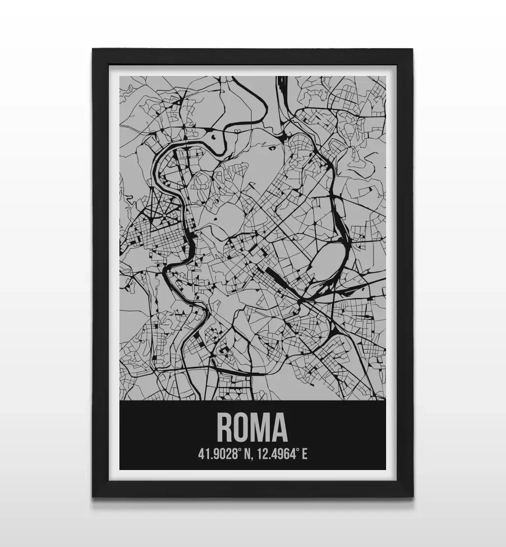 Cuadro moderno del plano urbano de Roma en color gris y negro con marco negro de madera, póster cartográfico de diseño minimalista para decoración de oficinas o salas de estar