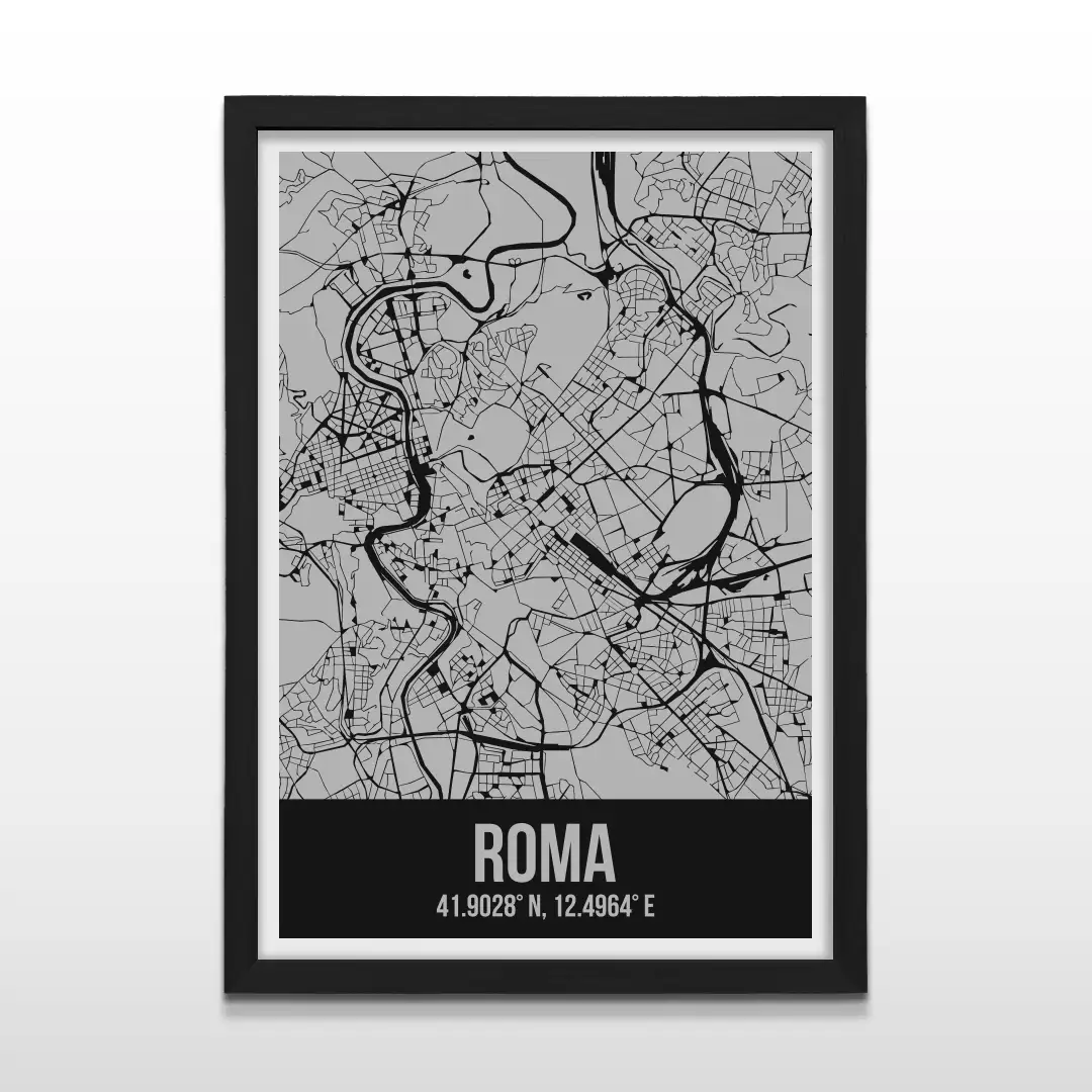 Cuadro moderno del plano urbano de Roma en color gris y negro con marco negro de madera, póster cartográfico de diseño minimalista para decoración de oficinas o salas de estar