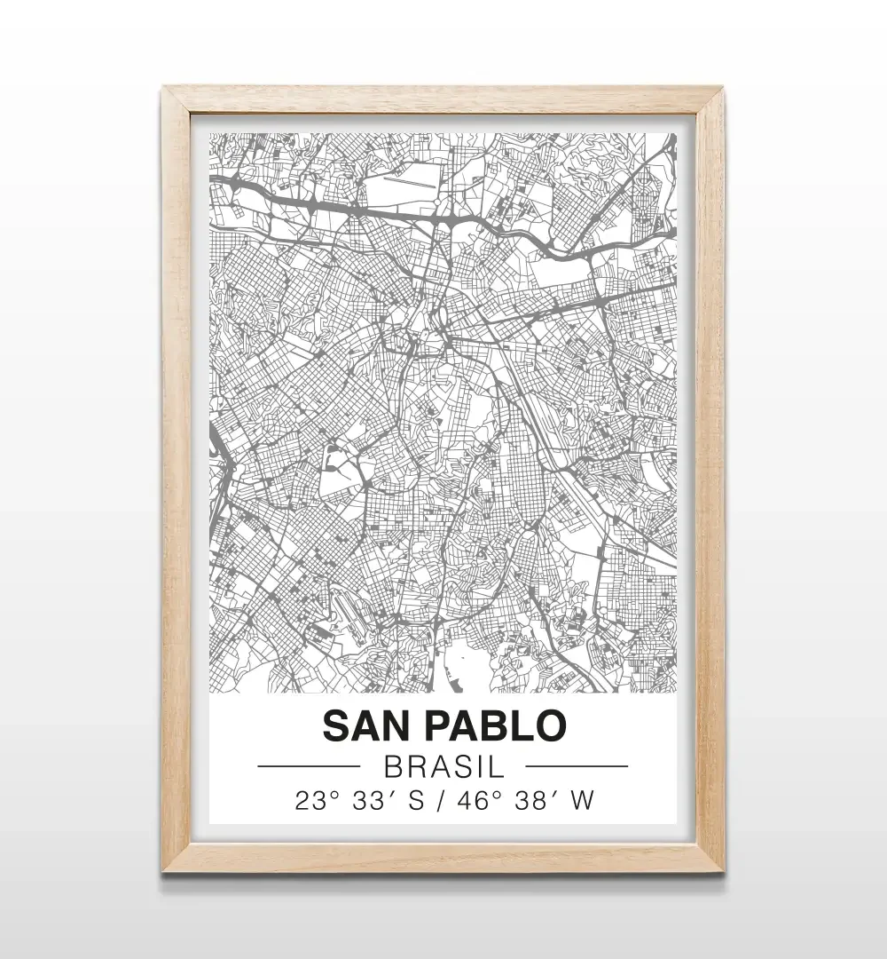 Cuadro de mapa de São Paulo minimalista con marco de madera natural, plano de calles artístico para decoración de livings contemporáneos y oficinas modernas