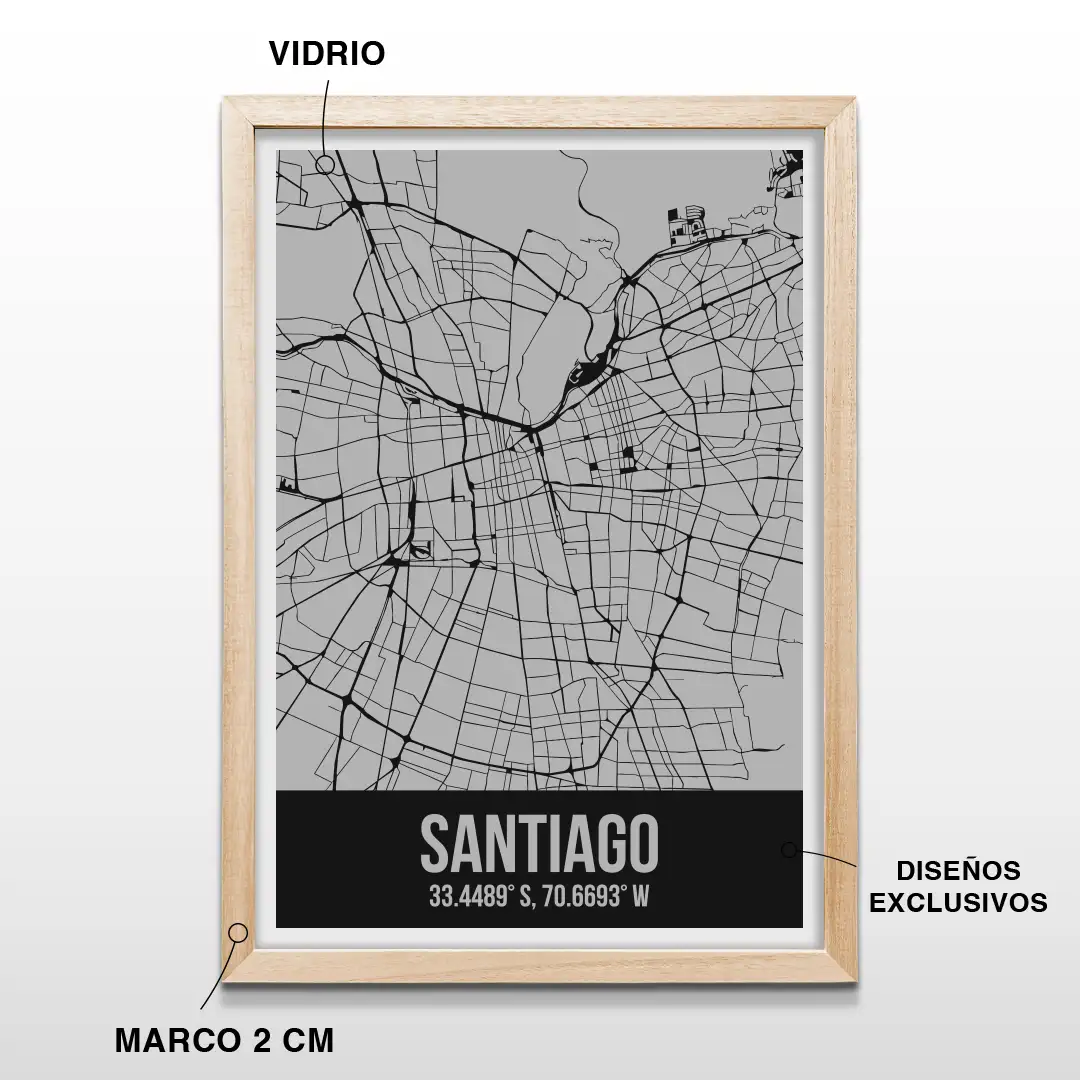 Cuadro decorativo del mapa urbano de Santiago de Chile con coordenadas en letras blancas sobre fondo negro, incluye marco de madera de 2 cm, vidrio protector y lámina premium