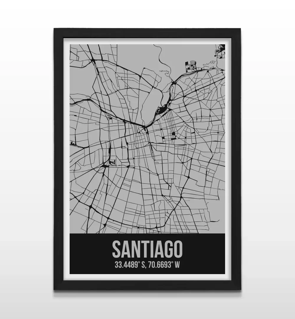 Cuadro moderno del mapa de Santiago de Chile en color gris y negro con marco negro de madera, diseño de plano urbano minimalista para decoración de oficinas y salas de estar