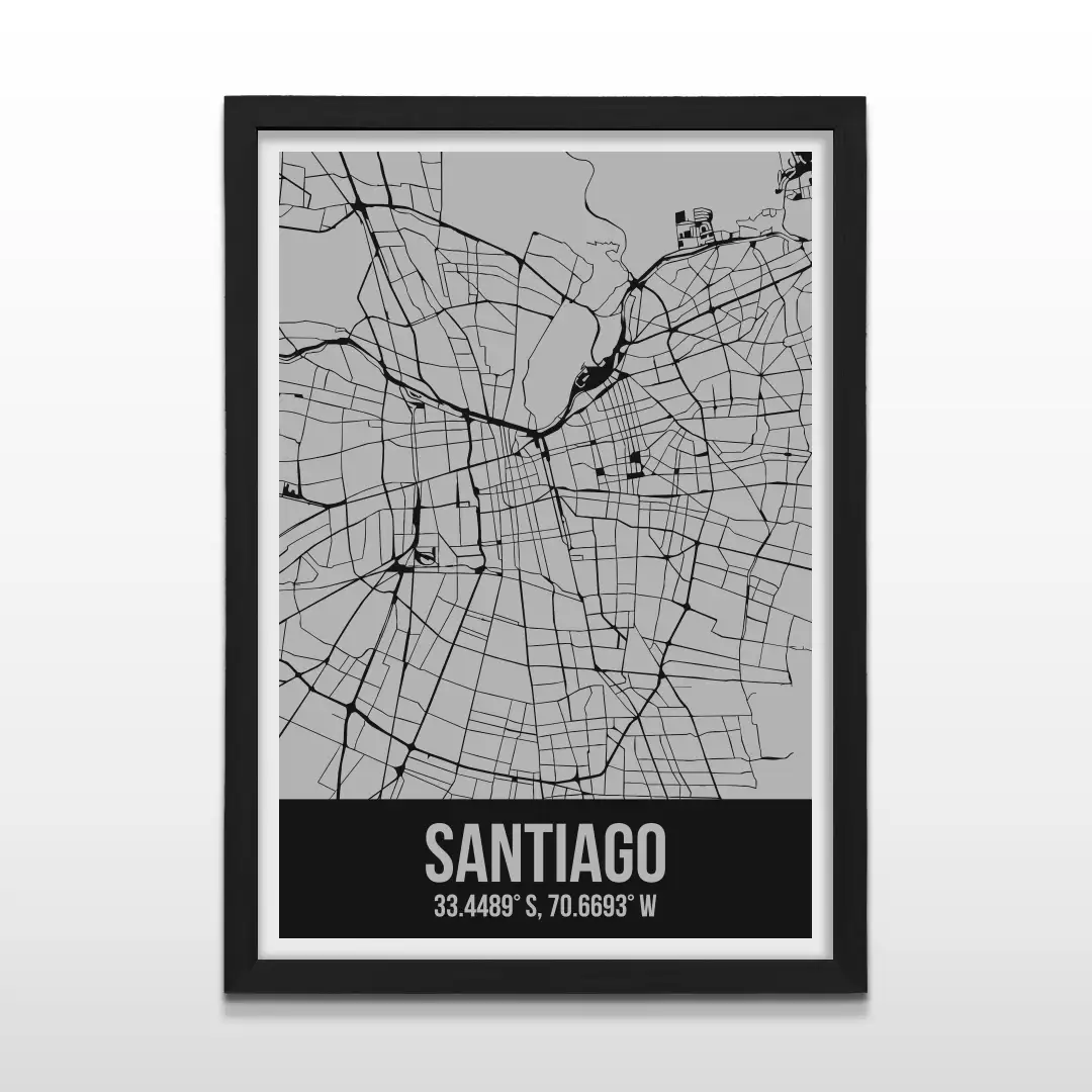 Cuadro moderno del mapa de Santiago de Chile en color gris y negro con marco negro de madera, diseño de plano urbano minimalista para decoración de oficinas y salas de estar