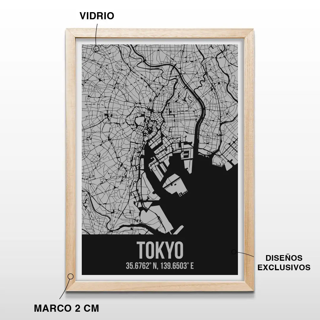 Cuadro decorativo con el plano de calles de Tokyo y sus coordenadas geográficas en letras blancas, incluye marco de madera de 2 cm, vidrio protector y lámina premium para el hogar