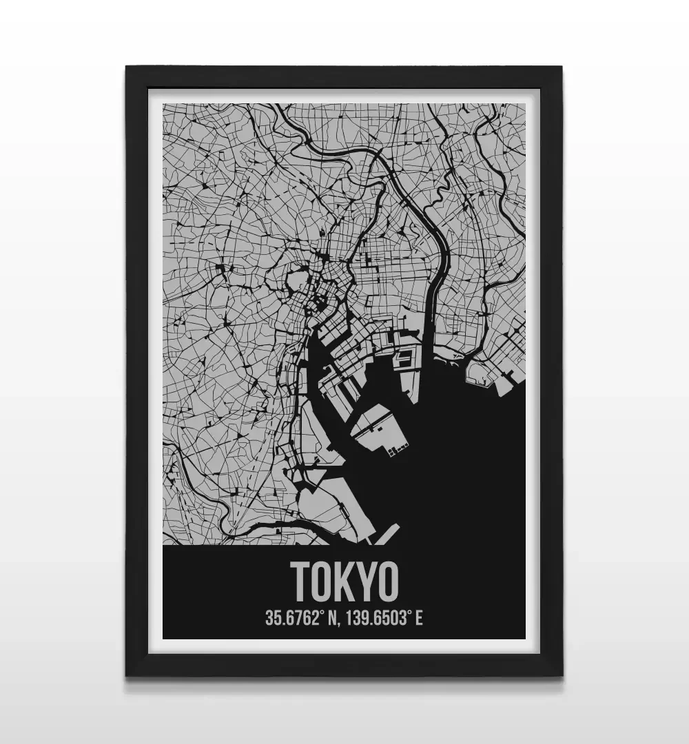 Cuadro moderno del plano urbano de Tokyo en color gris y negro con marco negro de madera, póster cartográfico de diseño minimalista para decoración de oficinas o salas de estar