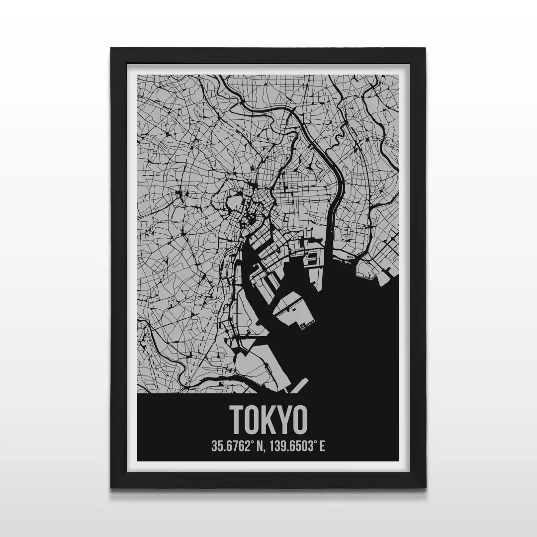 Cuadro moderno del plano urbano de Tokyo en color gris y negro con marco negro de madera, póster cartográfico de diseño minimalista para decoración de oficinas o salas de estar