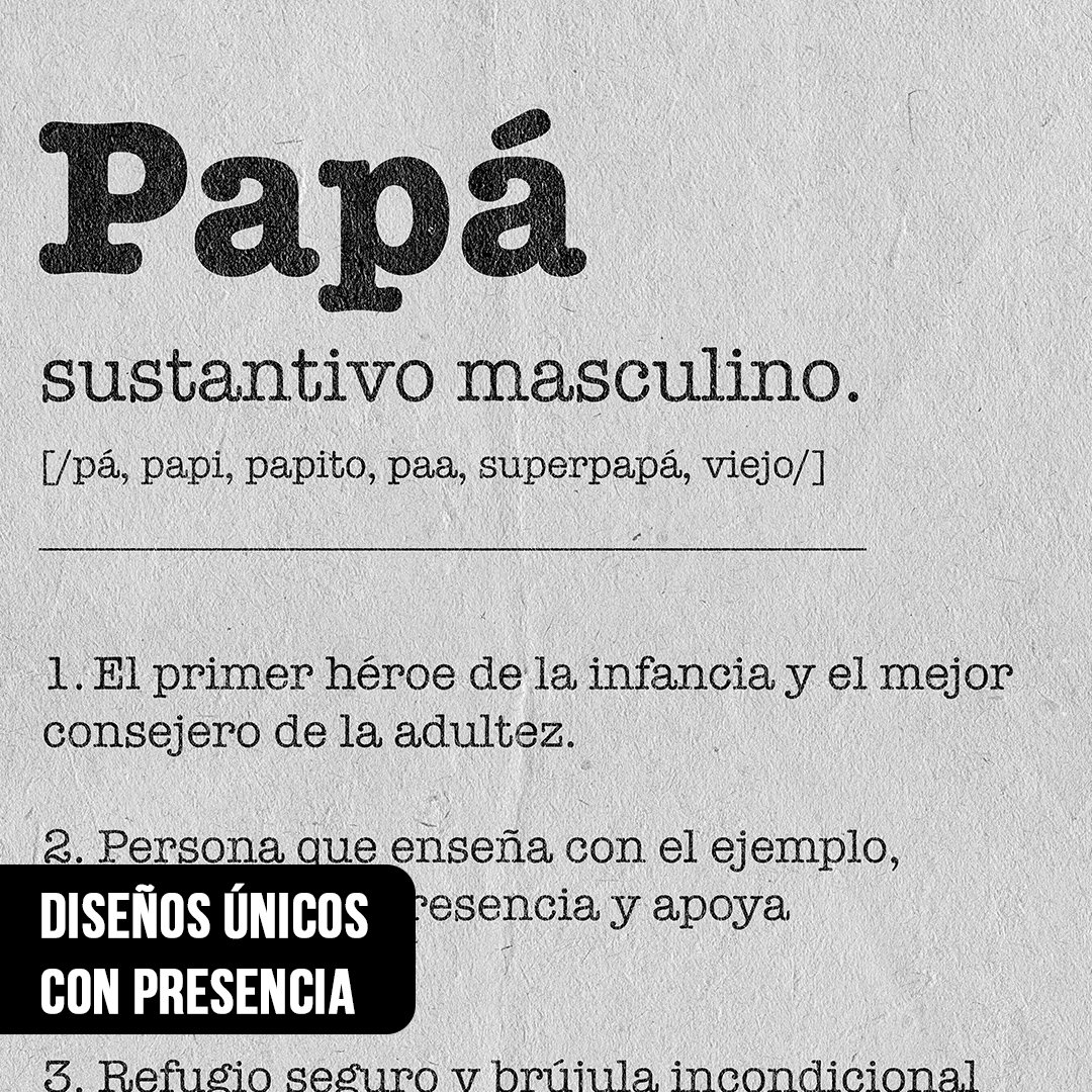 Primer plano de un cuadro con la definición de la palabra "Papá" en letras negras sobre fondo de papel blanco texturizado, detallando conceptos como "El primer héroe de la infancia