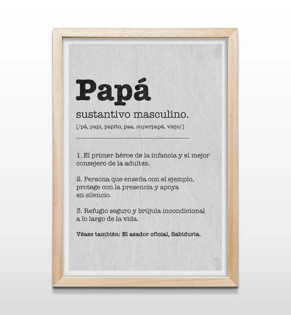 Cuadro minimalista con frase descriptiva de papá y marco de madera natural, arte de pared con texto emotivo en negro y blanco para decoración del hogar y dormitorios