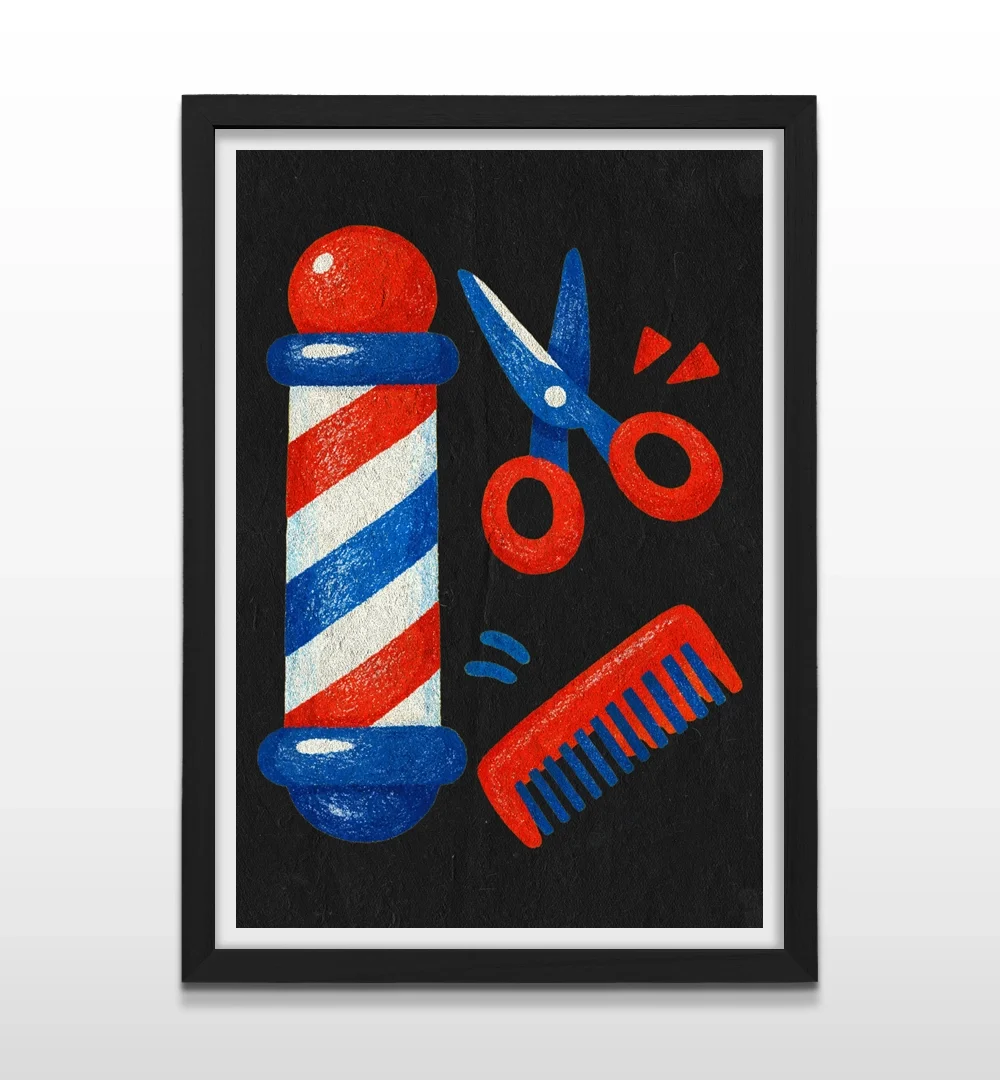 Cuadro moderno de barbería con diseño infantil de tijeras, peine y poste clásico en tonos rojo y azul con marco negro de madera, póster decorativo para peluquerías masculinas y salones