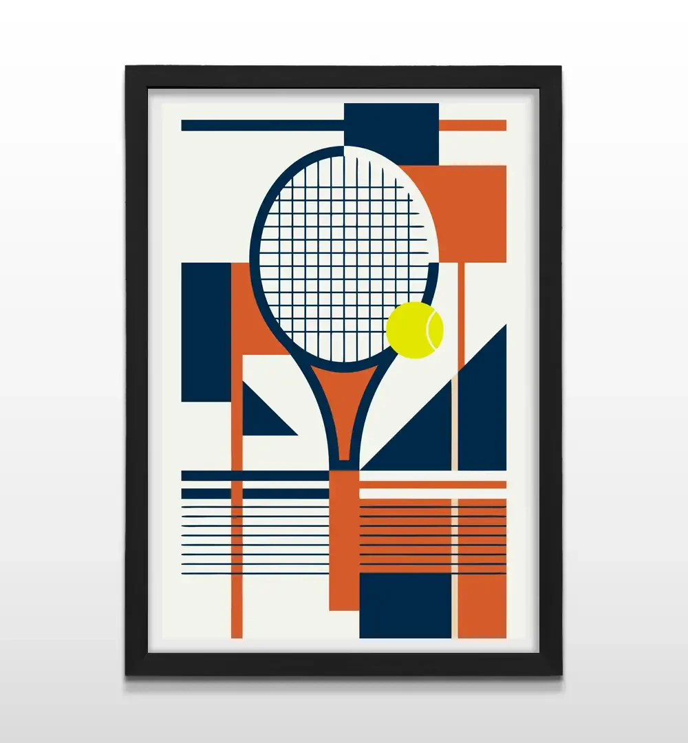 Cuadro moderno de tenis con ilustración de raqueta abstracta y figuras geométricas en azul y naranja con marco negro de madera, póster decorativo para livings contemporáneos
