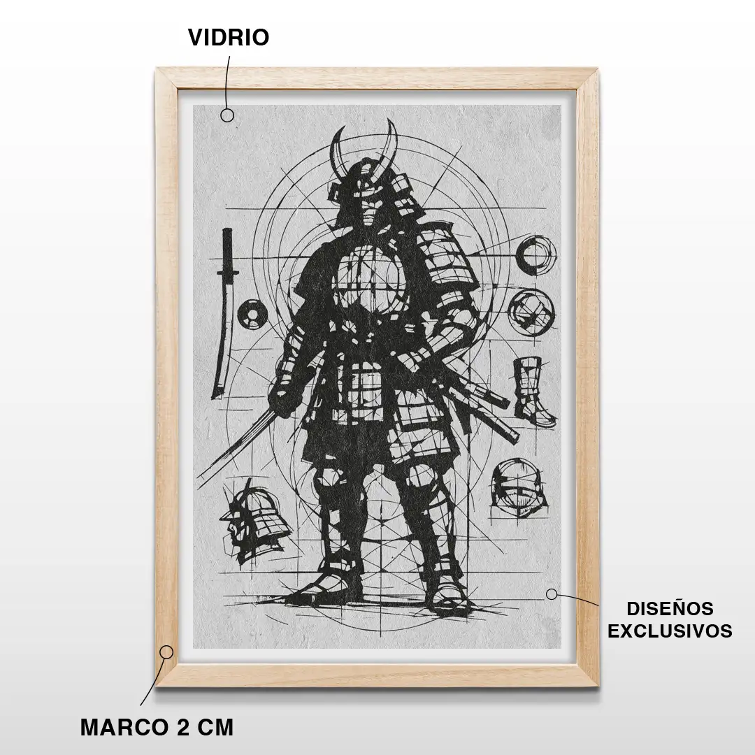 Cuadro decorativo de un guerrero samurai japonés estilo boceto técnico en líneas negras y fondo gris, incluye marco de madera de 2 cm, vidrio protector y lámina premium