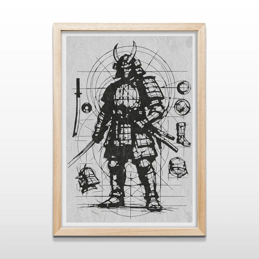 Cuadro de samurai japonés con ilustración anatómica de armadura y katana en color negro sobre fondo gris con marco de madera clara, arte de pared moderno para dormitorios