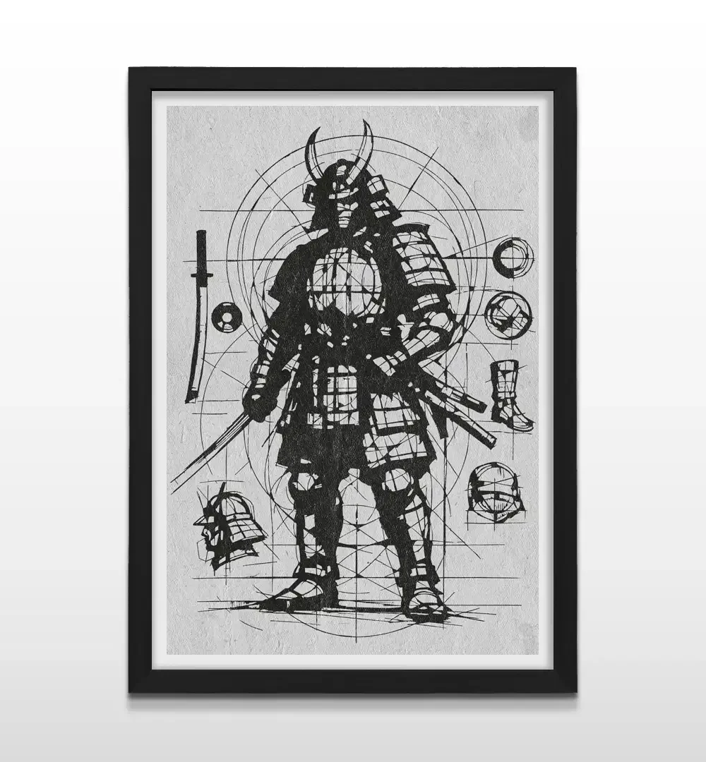 Cuadro minimalista de guerrero samurai con diseño de plano técnico y bocetos de armadura con marco negro de madera, póster decorativo para livings y oficinas modernas