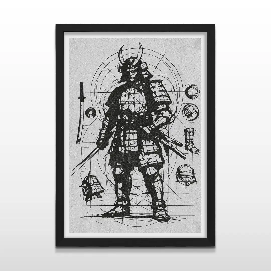 Cuadro minimalista de guerrero samurai con diseño de plano técnico y bocetos de armadura con marco negro de madera, póster decorativo para livings y oficinas modernas