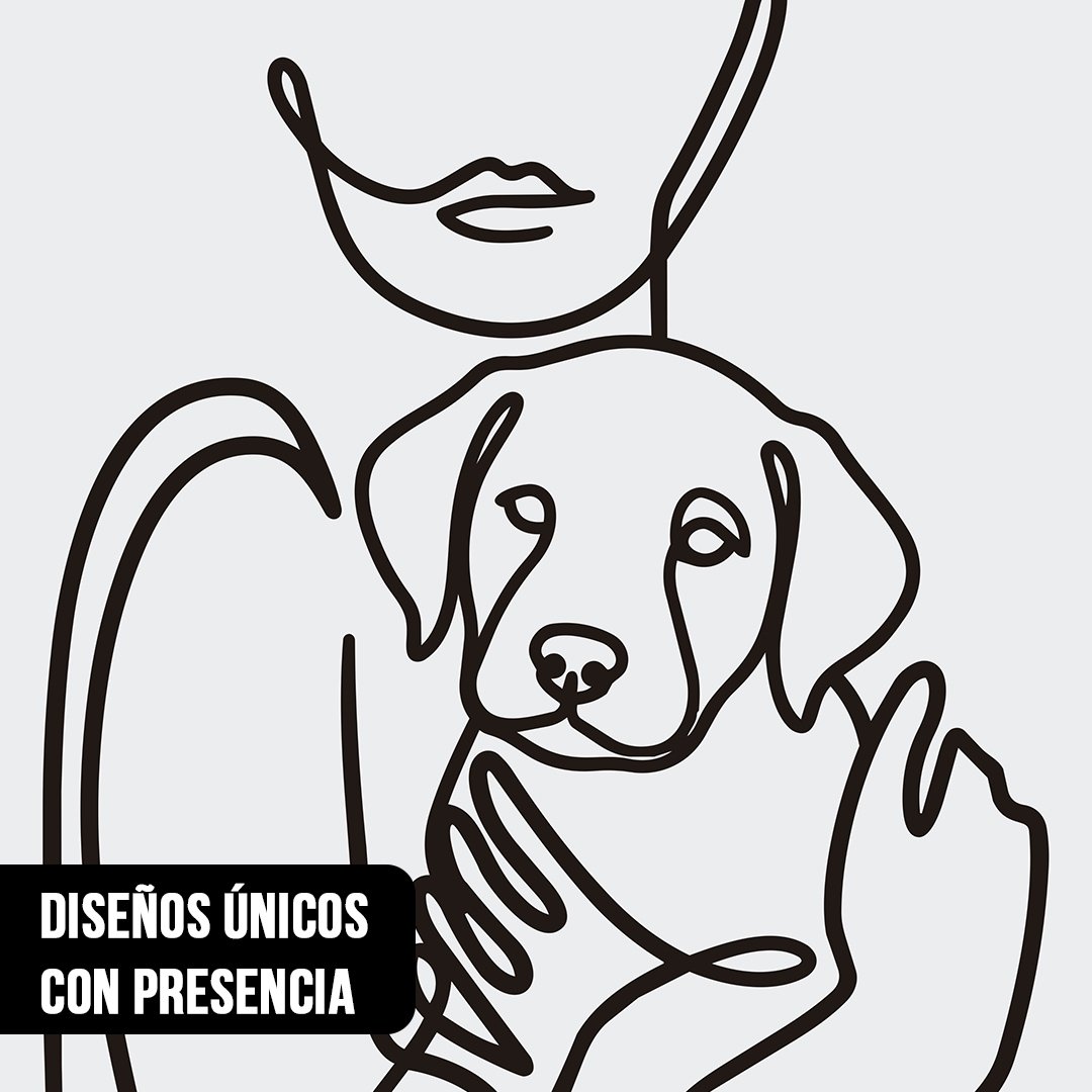 Primer plano de ilustración minimalista line art con trazo negro de una mujer abrazando a un cachorro sobre fondo blanco