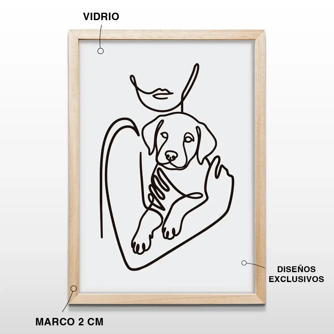 Cuadro minimalista Amor Perruno con arte lineal de mujer sosteniendo un perro cachorro sobre fondo blanco, incluye marco de madera de 2 cm, vidrio protector y lámina premium vertical