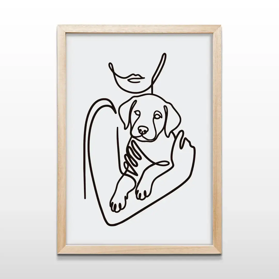 Cuadro decorativo Amor Perruno con diseño lineal negro de mujer y cachorro en fondo blanco con marco de madera clara, lámina artística para dormitorios modernos