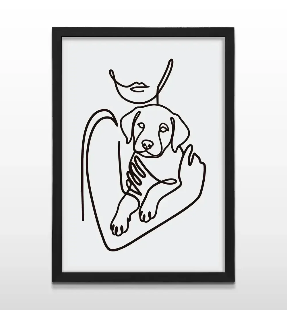 Cuadro moderno Amor Perruno con ilustración de arte lineal de mujer con perro cachorro sobre fondo blanco con marco negro de madera, póster vertical para decoración de livings