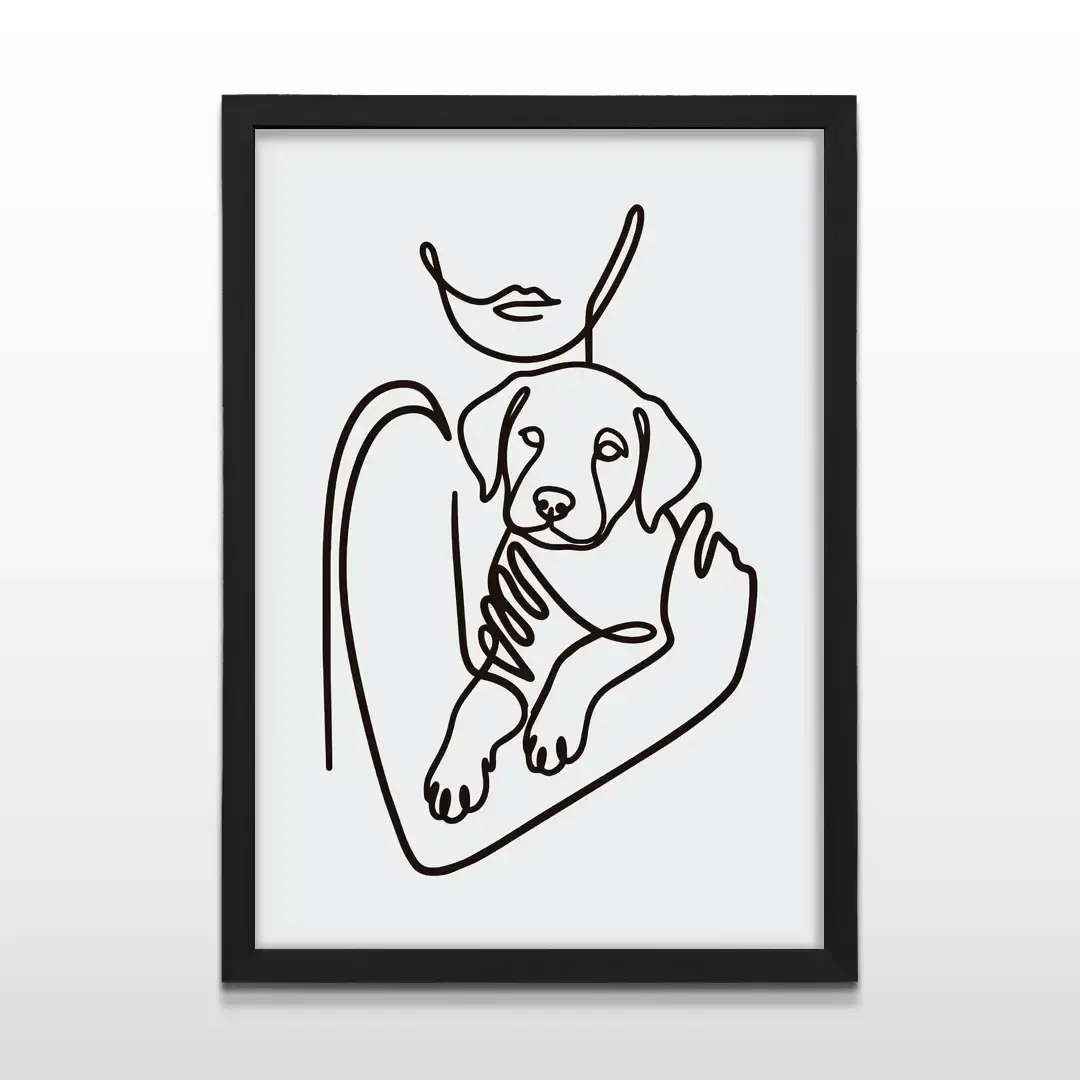 Cuadro moderno Amor Perruno con ilustración de arte lineal de mujer con perro cachorro sobre fondo blanco con marco negro de madera, póster vertical para decoración de livings