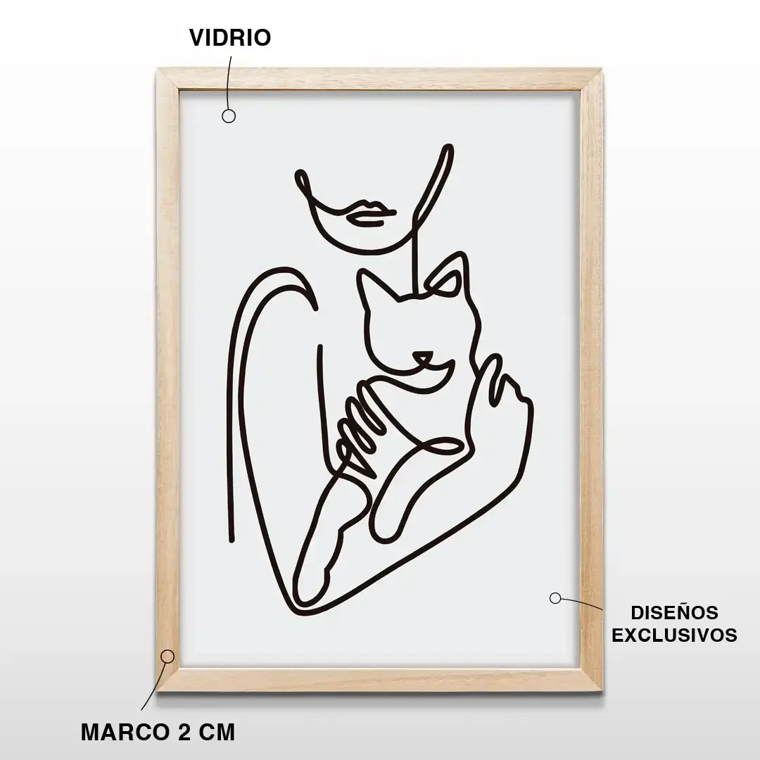 Cuadro minimalista Amor Felino con arte lineal de mujer sosteniendo un gato sobre fondo blanco, incluye marco de madera de 2 cm, vidrio protector y lámina premium vertical