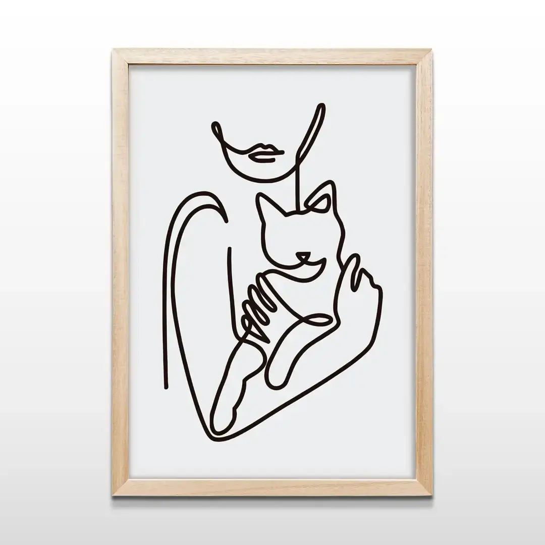 Cuadro decorativo Amor Felino con diseño lineal negro de mujer y gato en fondo blanco con marco de madera clara, lámina artística para paredes de dormitorios modernos