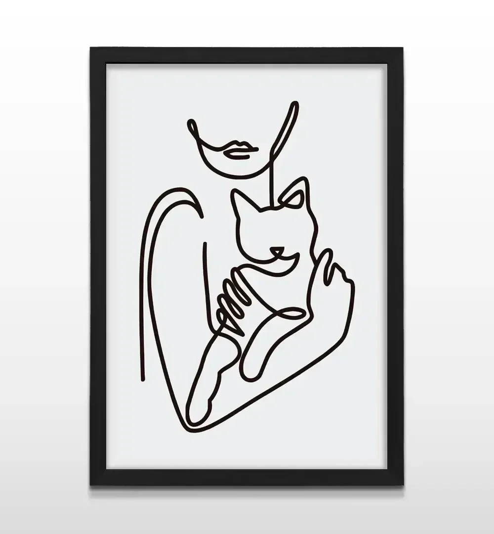 Cuadro moderno Amor Felino con ilustración de arte lineal de mujer con gato sobre fondo blanco con marco negro de madera, póster vertical para decoración de livings modernos