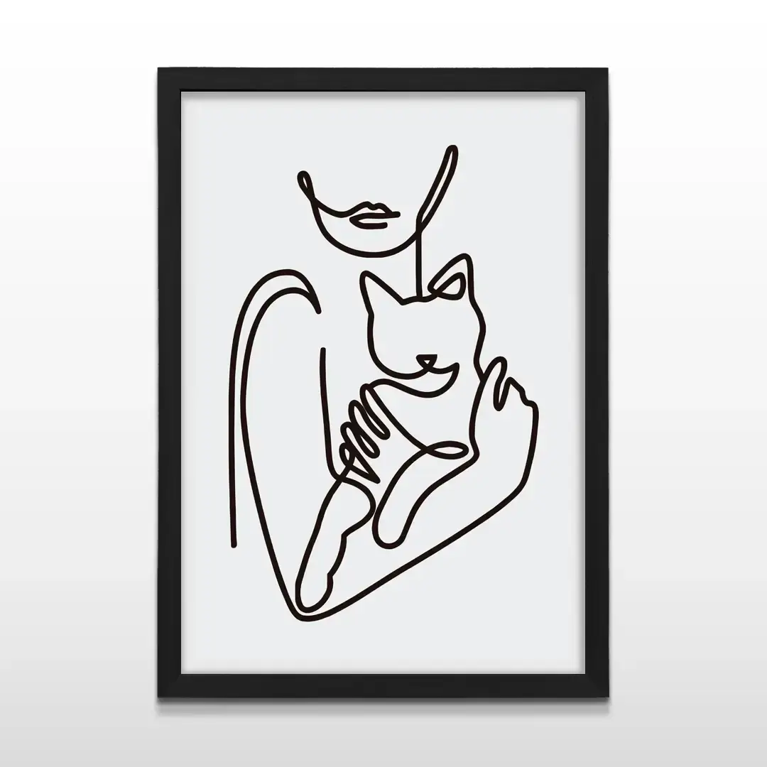 Cuadro moderno Amor Felino con ilustración de arte lineal de mujer con gato sobre fondo blanco con marco negro de madera, póster vertical para decoración de livings modernos