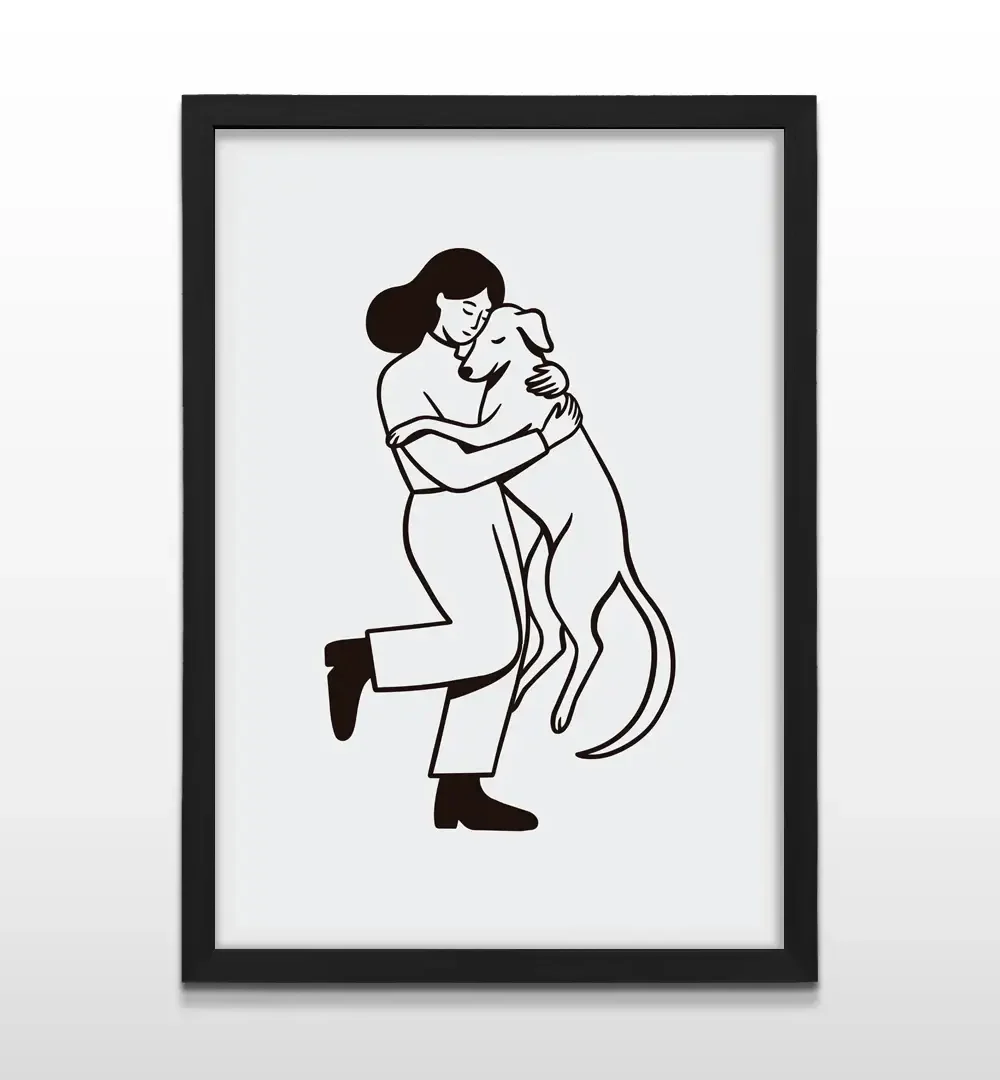Cuadro moderno con ilustración de silueta negra de mujer y perro abrazados sobre fondo blanco con marco negro de madera, póster vertical para decoración de livings
