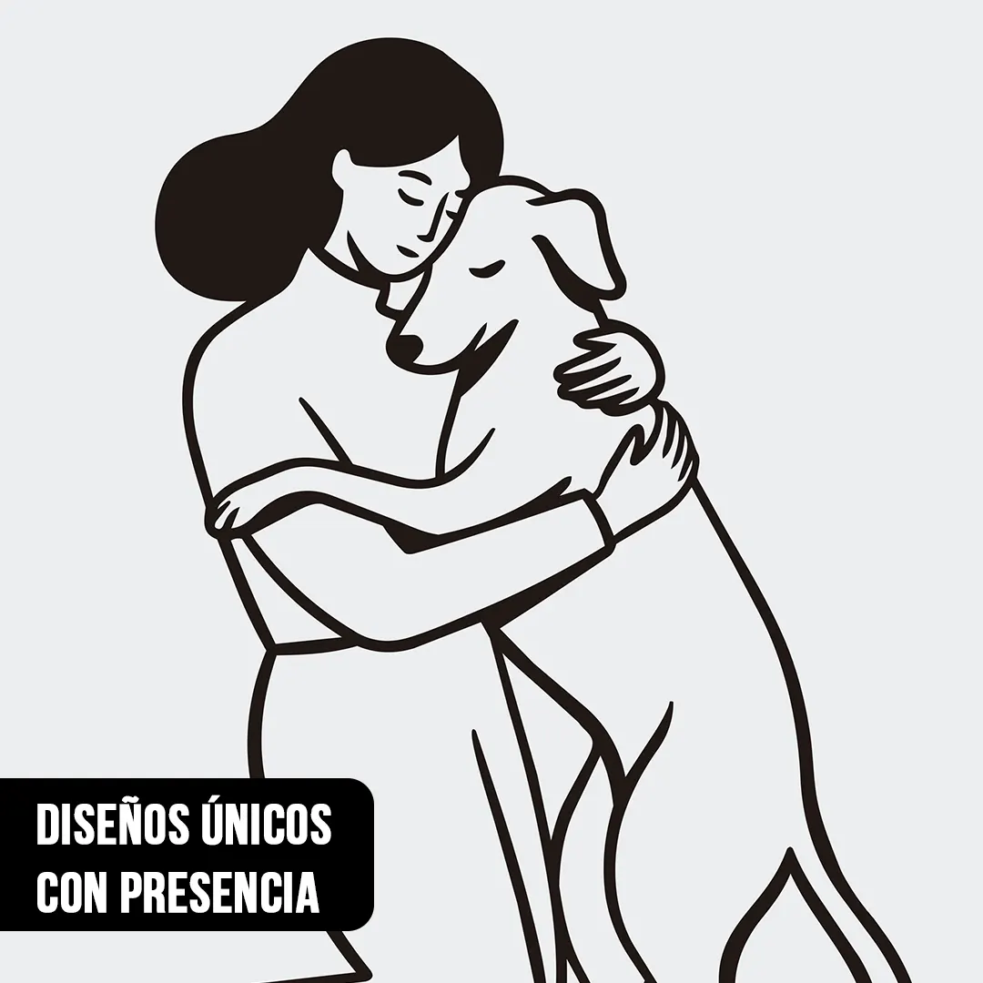 Primer plano de ilustración lineal en negro de una mujer abrazando a su perro cariñosamente sobre fondo claro