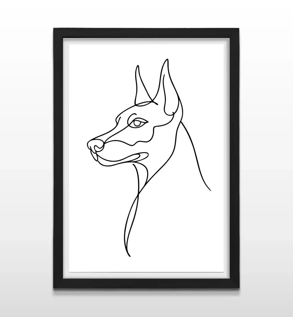 Cuadro moderno con ilustración lineal de silueta de Dóberman negro sobre fondo blanco con marco negro de madera, póster decorativo para livings contemporáneos