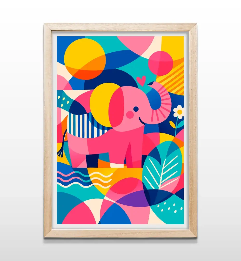 Cuadro decorativo infantil con diseño abstracto de elefante rosa y figuras geométricas de colores con marco de madera clara, arte de pared para dormitorios de niños