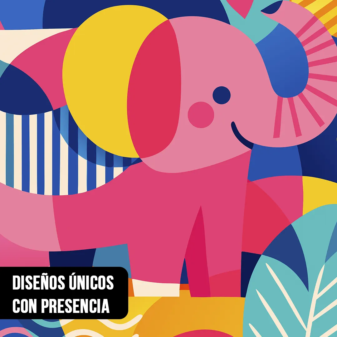 Primer plano de ilustración Pop Art de un elefante rosa sonriente en bloques de color amarillo, azul y magenta
