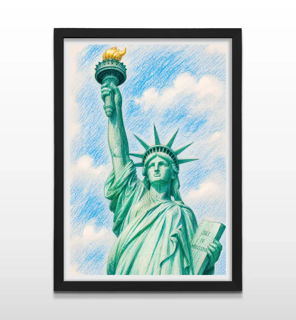 Cuadro moderno de la Estatua de la Libertad con ilustración artística verde y antorcha dorada con marco negro de madera, póster de pared para dormitorios