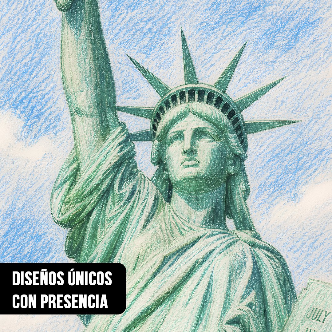 Primer plano de dibujo a lápices de colores de la Estatua de la Libertad en verde pátina sobre fondo de cielo azul