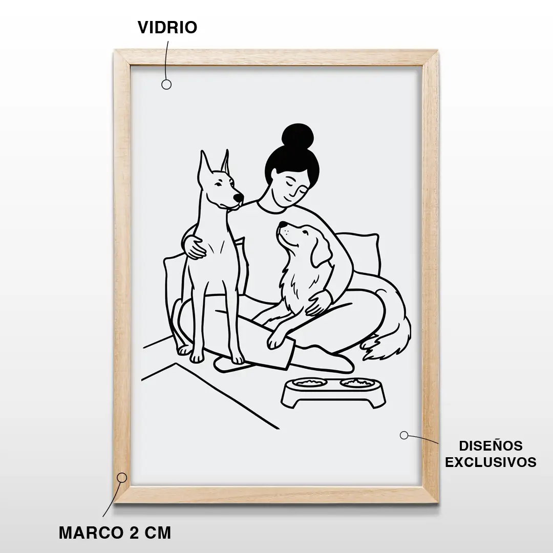 Cuadro minimalista con ilustración lineal de mujer sentada abrazando a dos perros sobre fondo blanco, incluye marco de madera de 2 cm, vidrio protector y lámina premium vertical