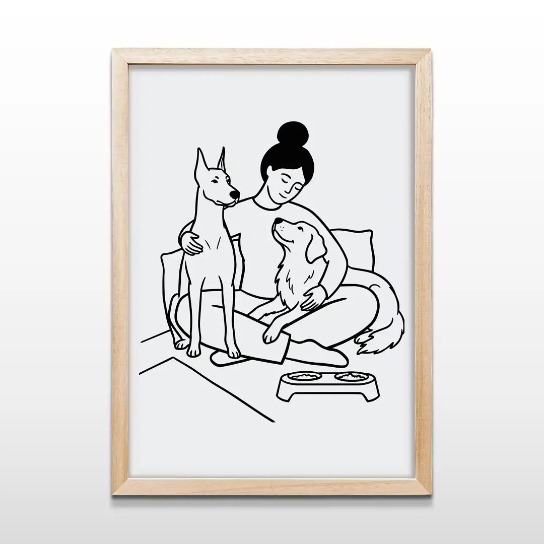 Cuadro decorativo de mujer con sus dos perros en arte lineal negro con fondo blanco y marco de madera clara, lámina artística para paredes de dormitorios