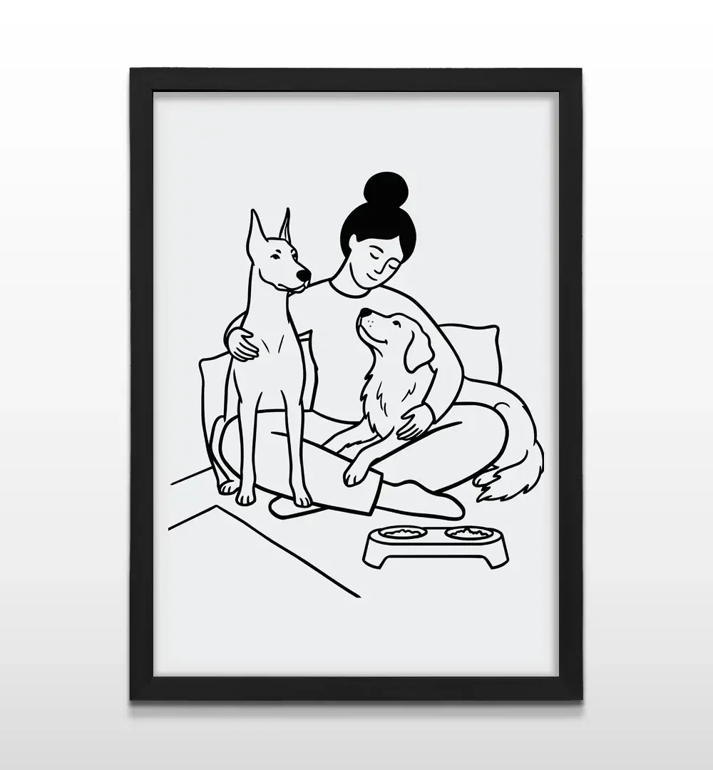 Cuadro moderno con ilustración lineal de mujer y dos perros sobre fondo blanco con marco negro de madera, póster decorativo para livings modernos