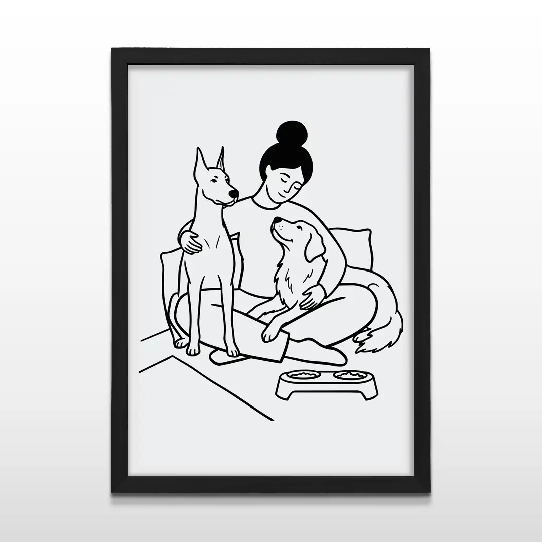 Cuadro moderno con ilustración lineal de mujer y dos perros sobre fondo blanco con marco negro de madera, póster decorativo para livings modernos