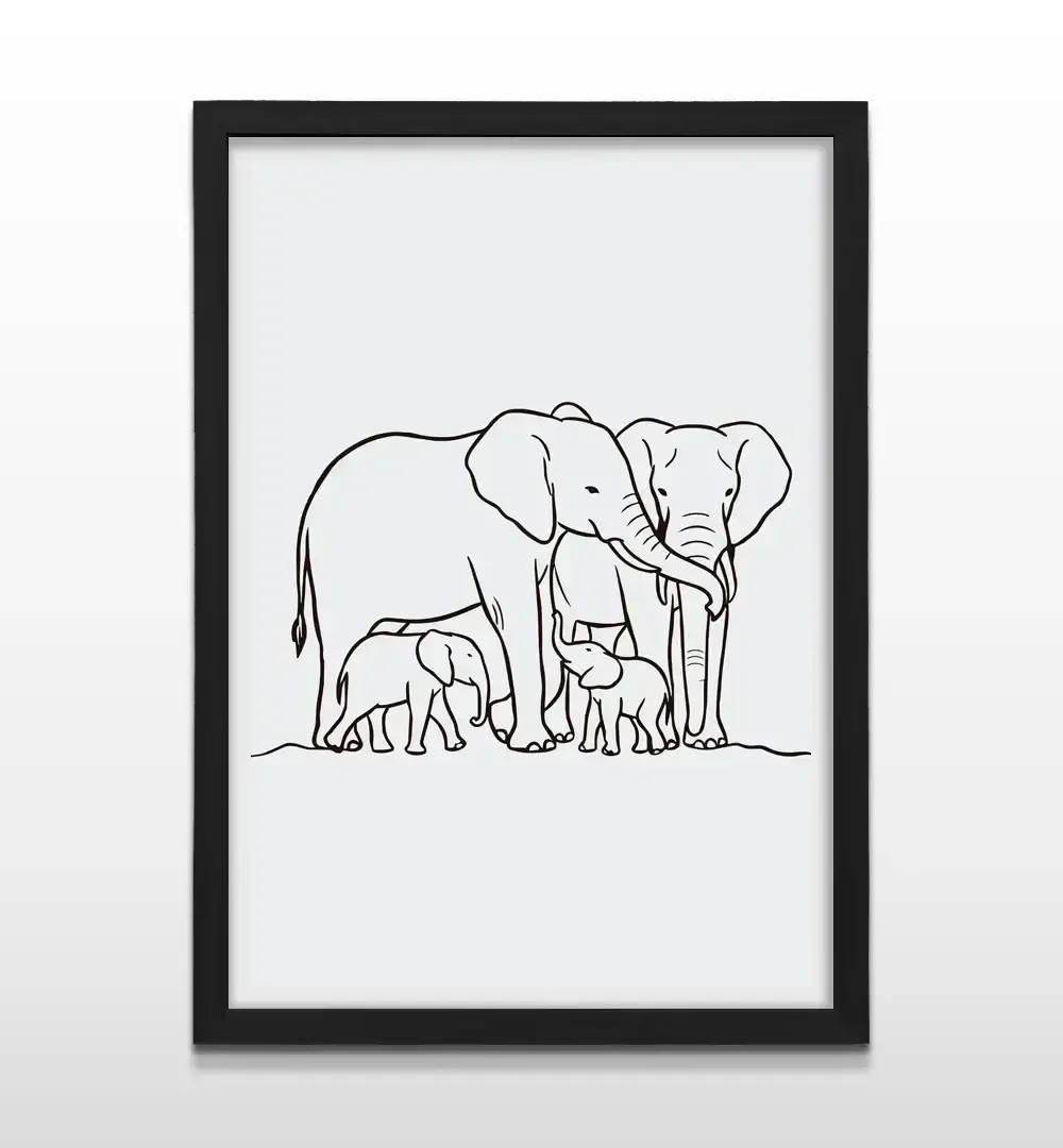 Cuadro moderno Familia de Elefantes con ilustración lineal de manada de elefantes sobre fondo blanco con marco negro de madera, póster vertical para decoración de livings