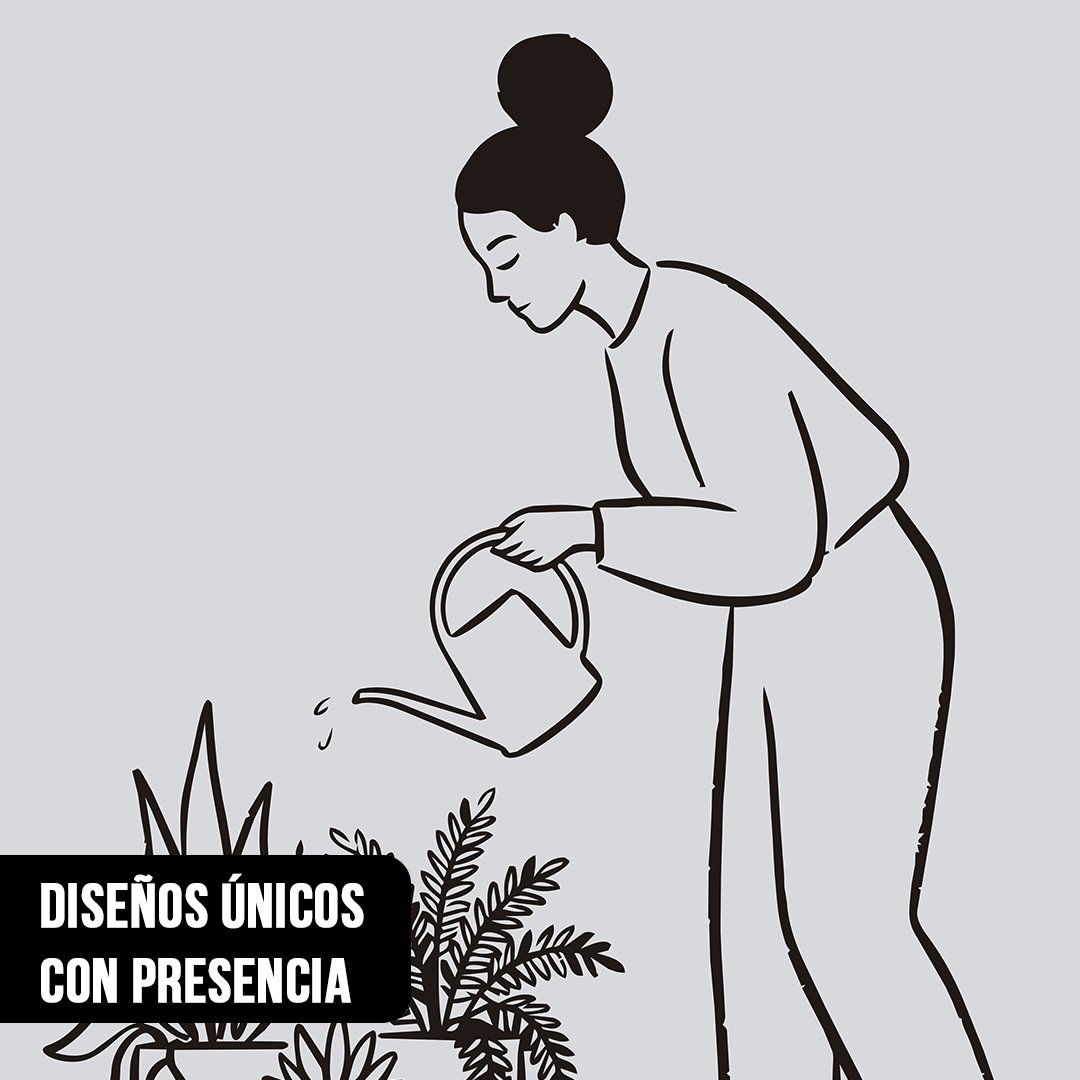Primer plano de dibujo de línea negra de una mujer regando plantas en maceta con una regadera sobre fondo gris