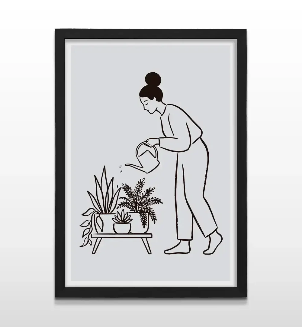 Cuadro moderno Florecer con ilustración lineal de mujer regando plantas sobre fondo gris claro con marco negro de madera, póster vertical para decoración de livings
