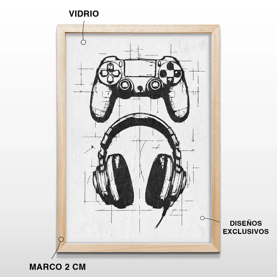 Cuadro minimalista Game Mode con ilustración tipo boceto de joystick y auriculares negros sobre fondo blanco, incluye marco de madera de 2 cm, vidrio protector y lámina premium vertical
