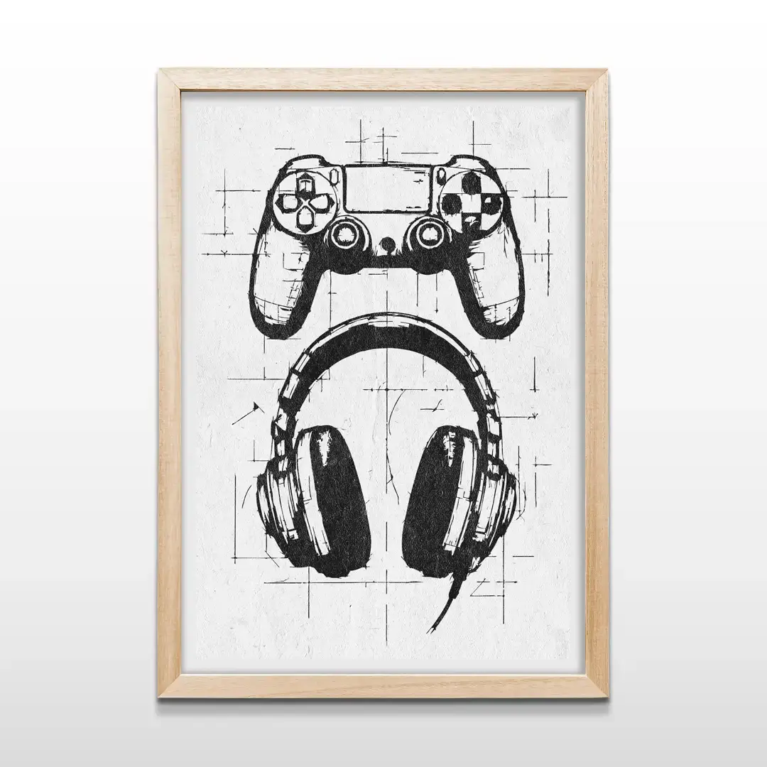 Cuadro decorativo Game Mode con diseño de mando de consola y auriculares en estilo boceto negro sobre fondo blanco texturizado con marco de madera clara, lámina artística para dormitorios